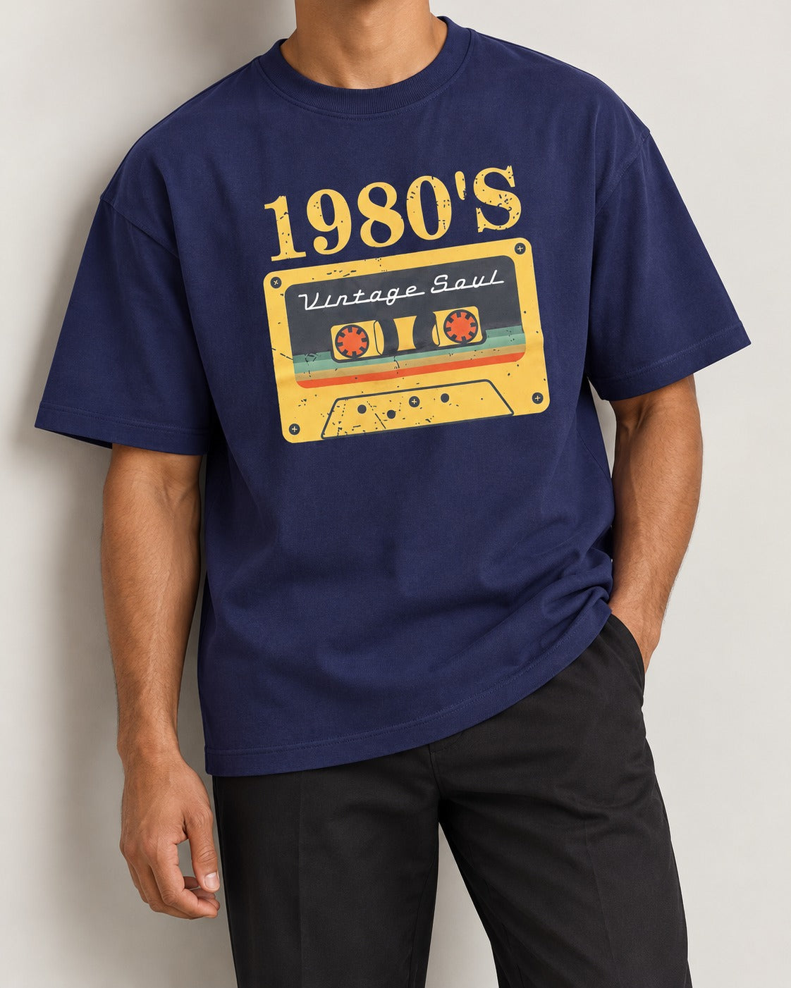 80s Classic Cotton Graphic Drop Shoulder T-Shirt - Navy