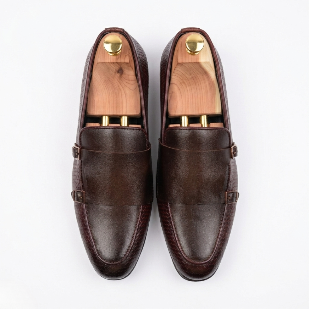 Walkist Leather Double Monk Loafers - Dark Brown