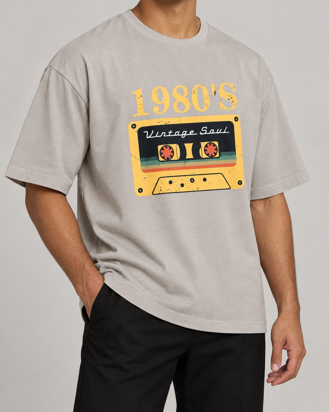 80s Classic Cotton Graphic Drop Shoulder T-Shirt - Light Grey